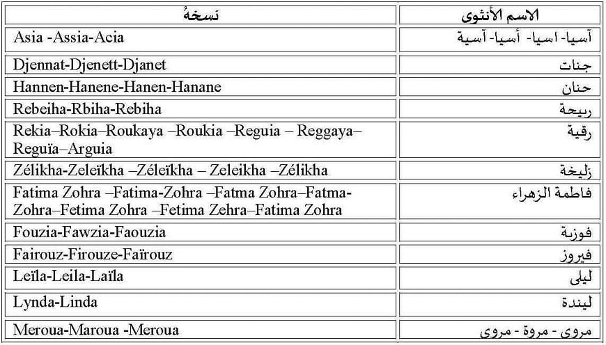 مختلف النُسُّوخ الخطِّية التِّي ورد عليها الاسم الأنثوي الواحد" دفاتر إنسانيات